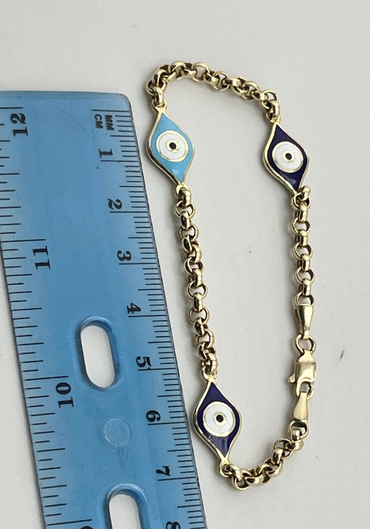 14KT Yellow Gold Two Different Enamel Color Evil Eye With Rolo link Chain