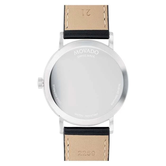 Movado Signature Men’s Watch – Silver Stainless Steel Case with Black Leather Strap