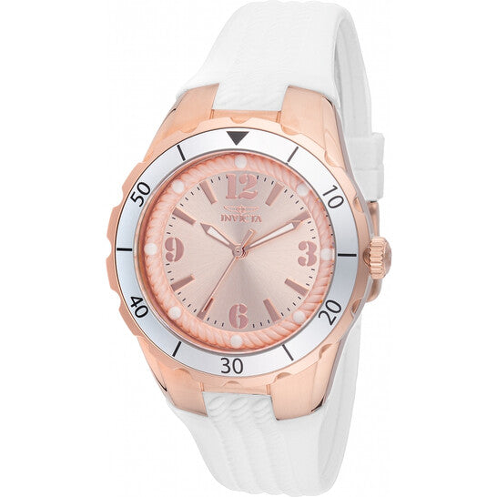 Invicta Angel Women’s Quartz Watch – Model 48853 – Rose Gold Dial, White Silicone Strap, 38mm