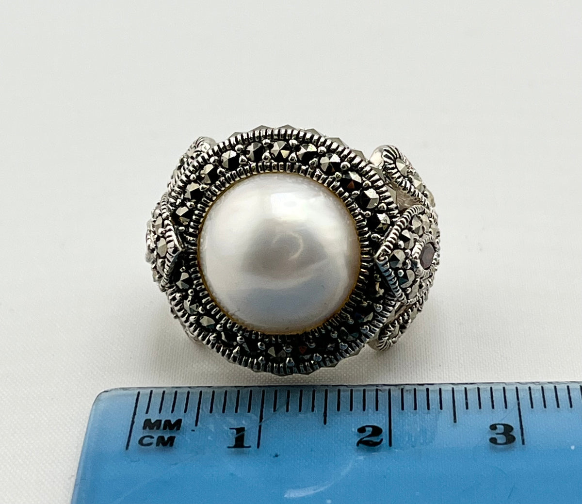 925 Sterling Silver Victorian Blister Pearl And Faceted Marcasite Ring