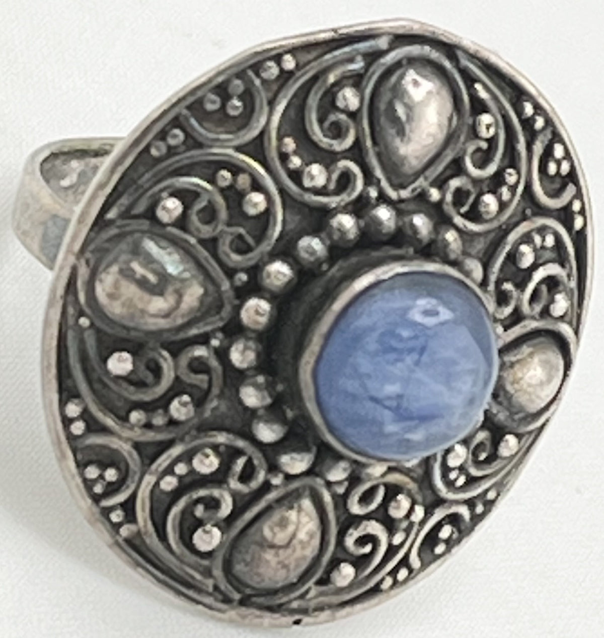 925 Sterling Silver Vintage Etruscan Revival Design Blue Opal Ring