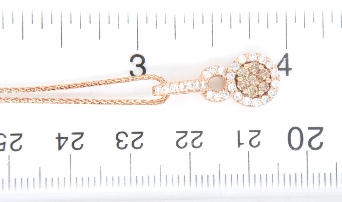 14kt Yellow gold 0.55ctw brown and white halo cluster pendant on chain