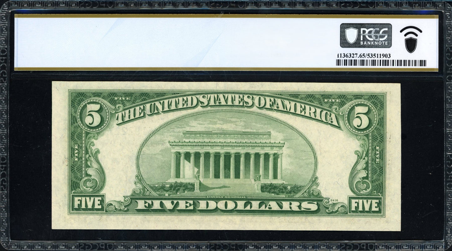 1953A $5 Silver Certificate – Priest / Anderson PCGS Gem Uncirculated 65 PPQ Fr. 1656 (EA Block)