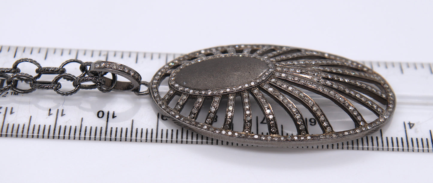 Edgy Oxidized Sterling Silver Openwork Art Deco Style Oval Necklace