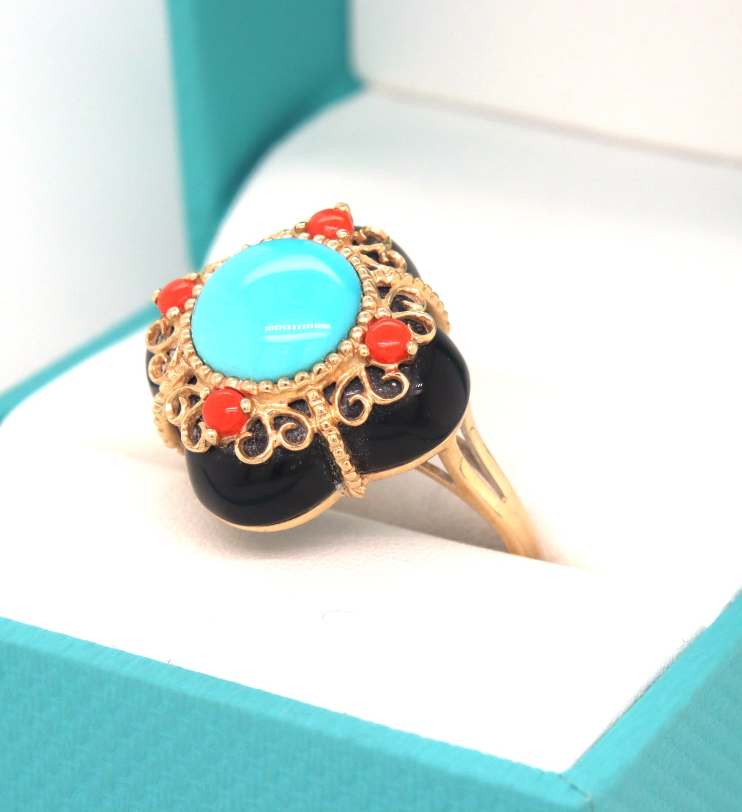 14kt Yellow gold black onyx, Turquoise and coral cocktail ring