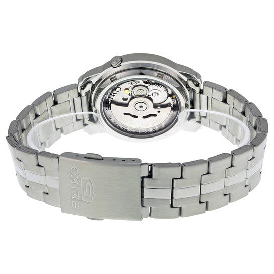 Seiko 5 Automatic Men's Watch Black Dial Skeleton Back Stainless Steel Bracelet