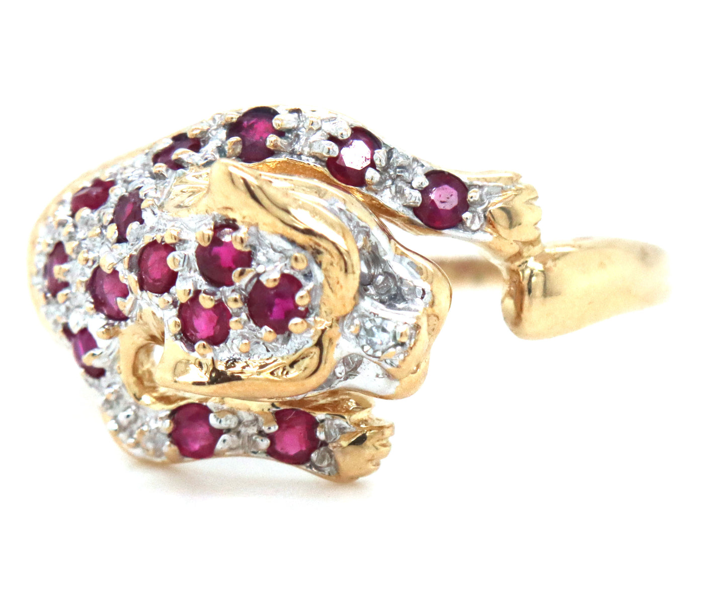 Set of 14kt Yellow gold ruby and diamond panther ring and matching earrings