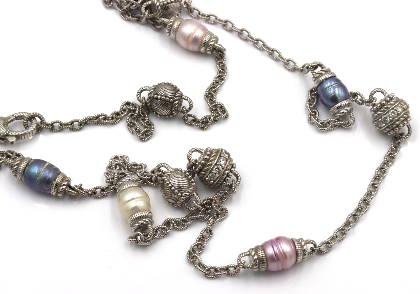 Judith Ripka Pink, Blue and White Pearls and Cubic Zirconia Station necklace