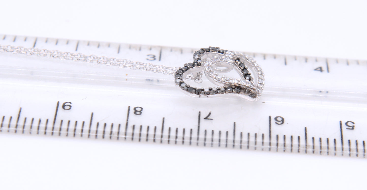 Sparkling White Gold Black and White Diamond Double Heart Pendant on Chain