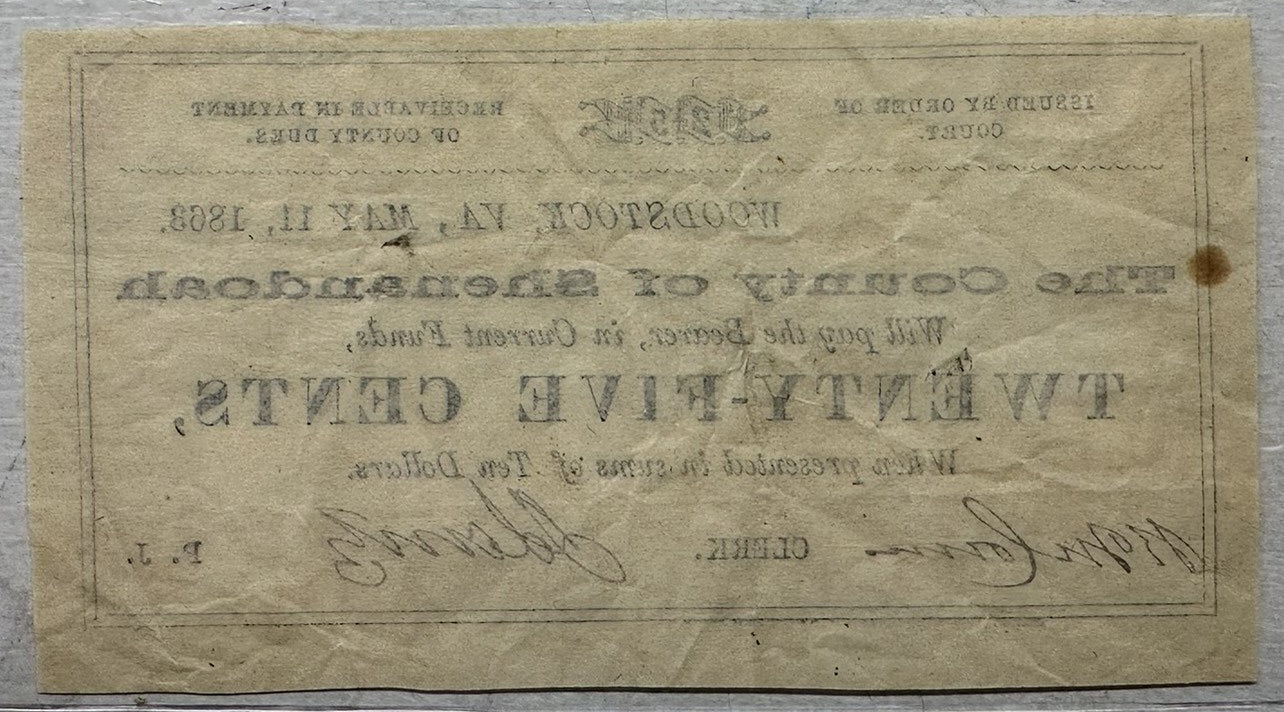1863 County of Shenandoah, Virginia 25 Cents Obsolete Note – Civil War Era Currency