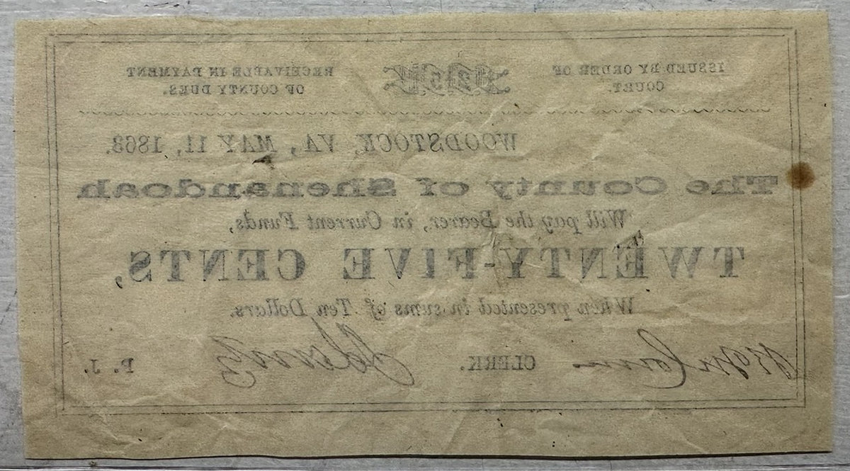 1863 County of Shenandoah, Virginia 25 Cents Obsolete Note – Civil War Era Currency