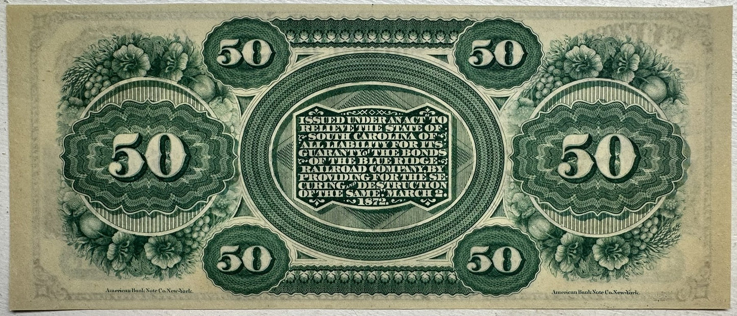 1872 State of South Carolina Revenue Bond Scrip Fifty Dollars Obsolete Currency VF