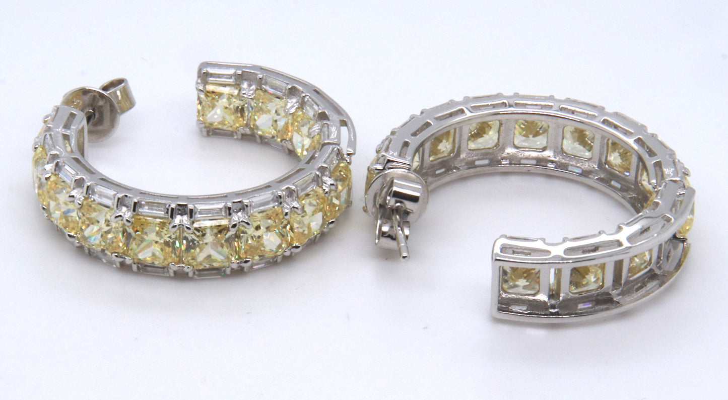 925 Sterling Silver Yellow Cubic Zirconia Hoop Earrings