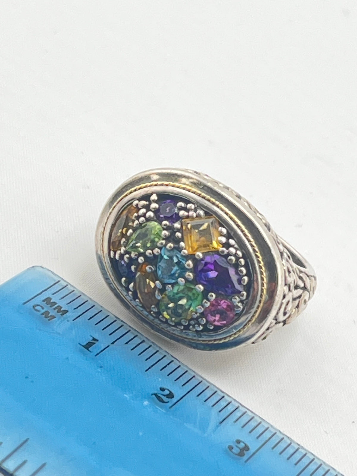 925 Sterling Silver EFFY Balisssima Multi Gemstone And Ornate 18KT Yello Gold Accent Ring
