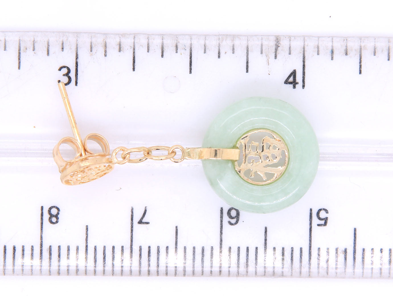 Handsome Yellow Gold Round Donut Good Fortune Green Jade Disc Dangle Earrings
