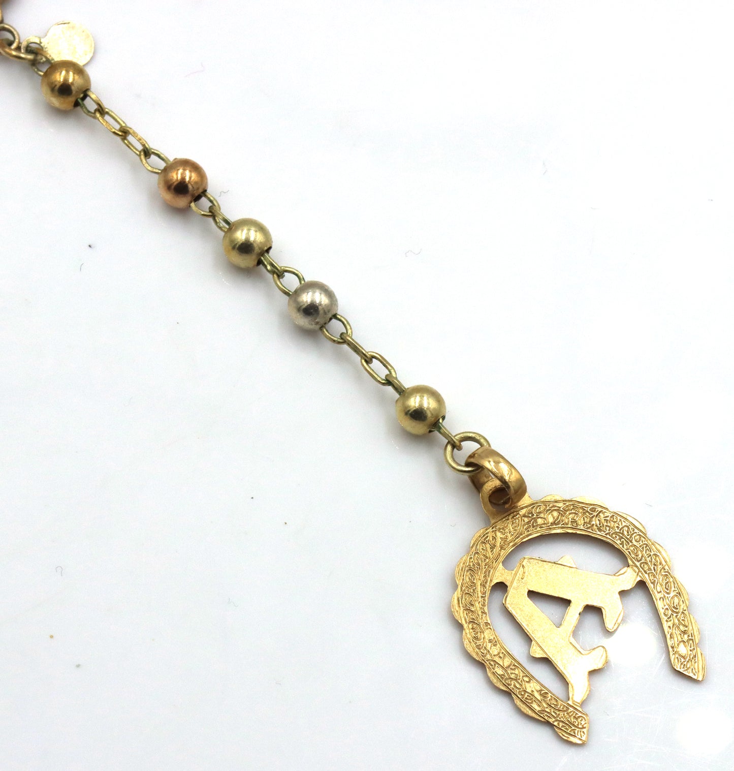 14kt Tri color gold Rosary necklace with A initial