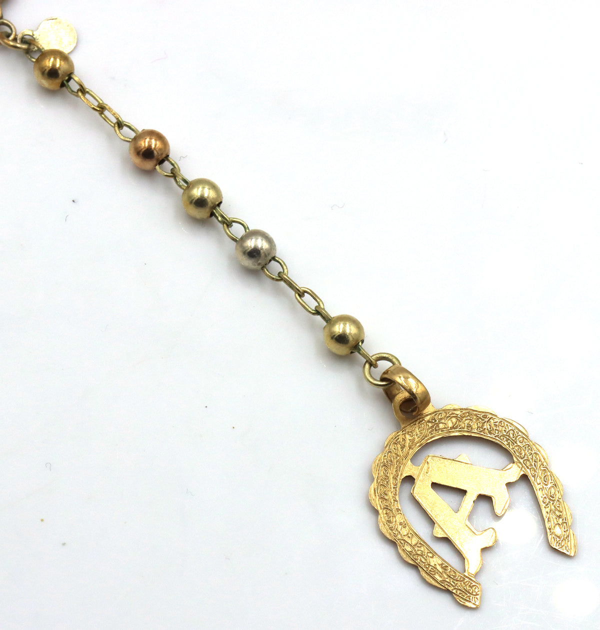 14kt Tri color gold Rosary necklace with A initial