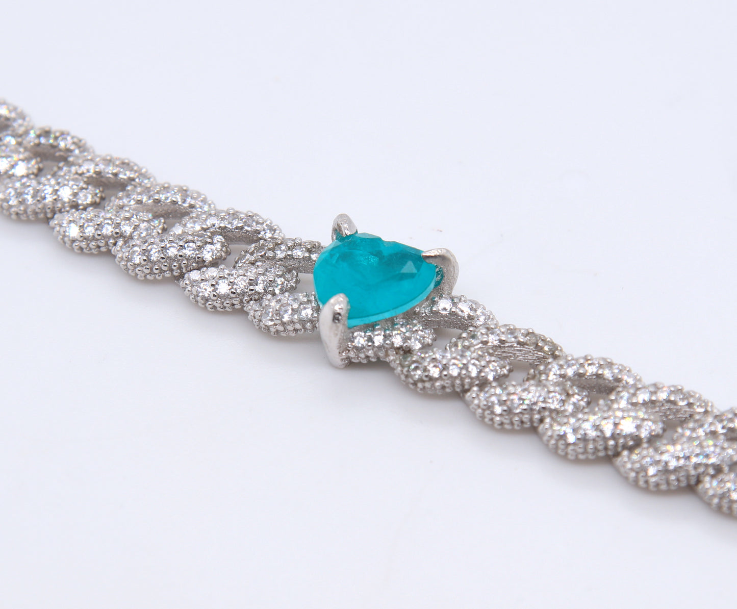 925 Sterling Silver Heart Shaped Cubic Zirconia Curb Link Bracelet