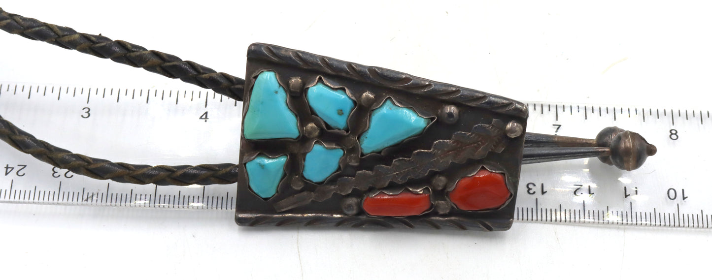 Vintage 925 sterling silver Wayne C Signed turquoise and coral Bolo tie