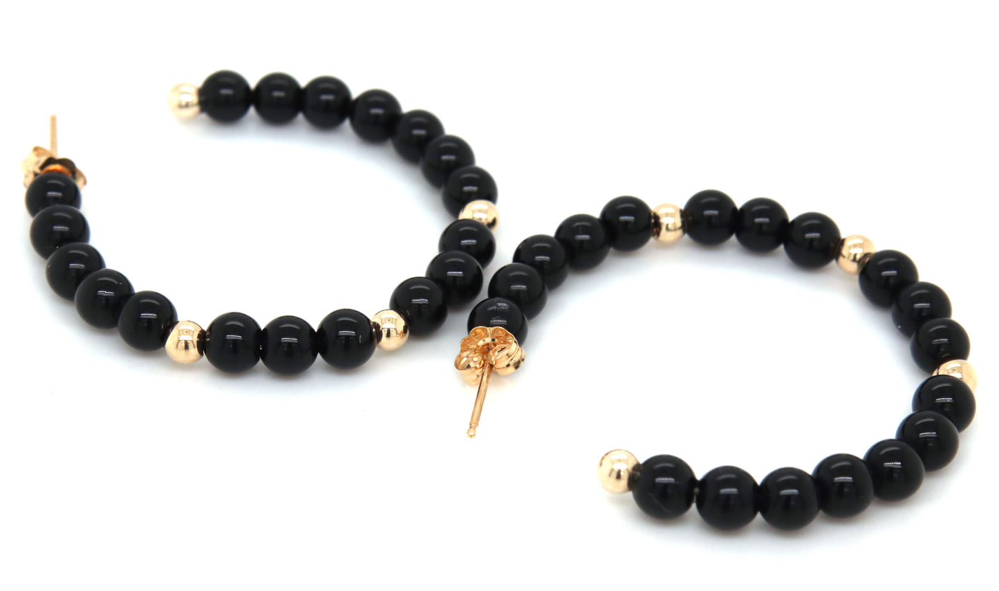 14kt Yellow gold black onyx and gold bead hoop earrings