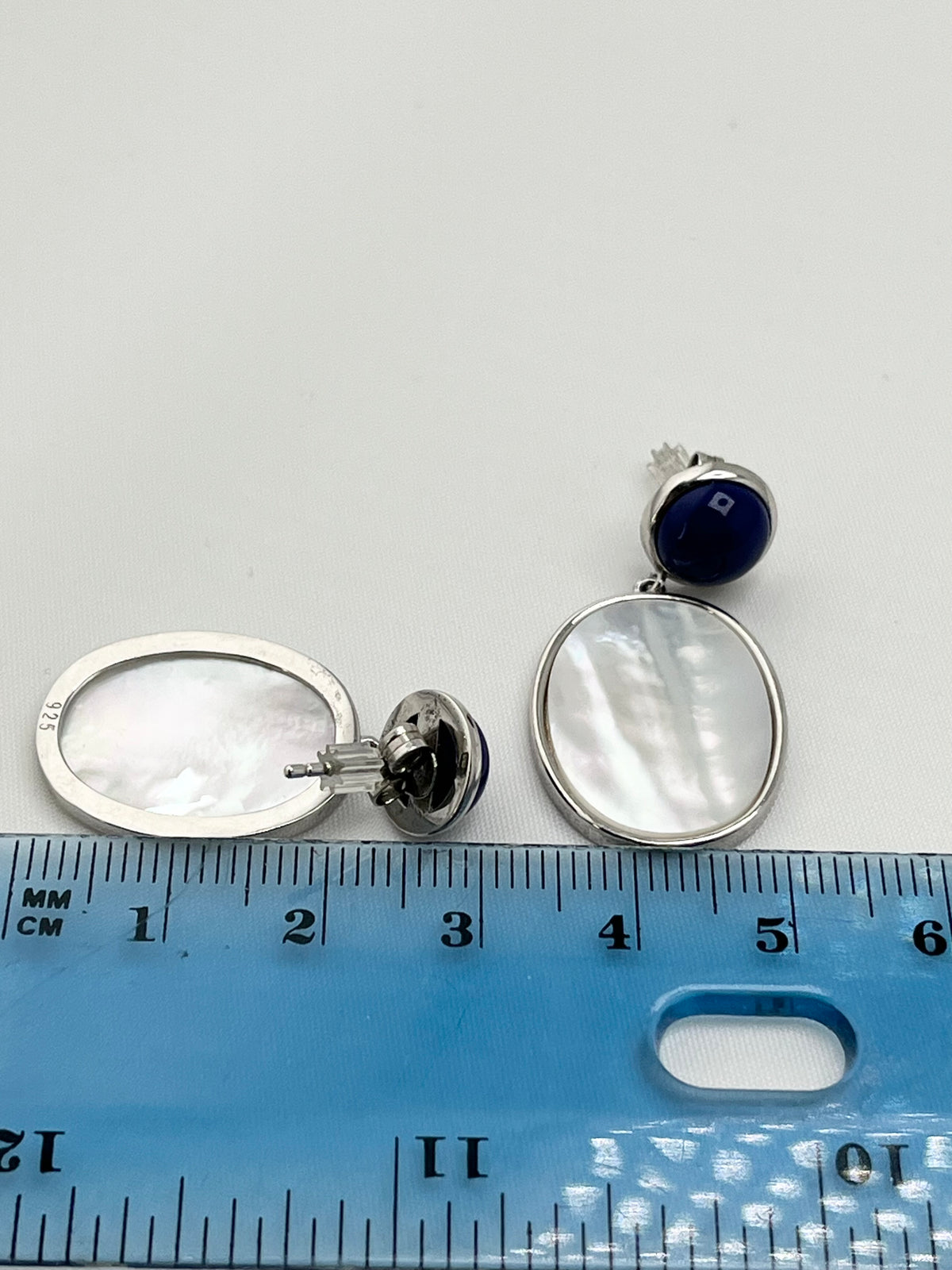 925 Sterling Silver Dangle Earrings Featuring Blue Top Stone And MOP Drop Earrings