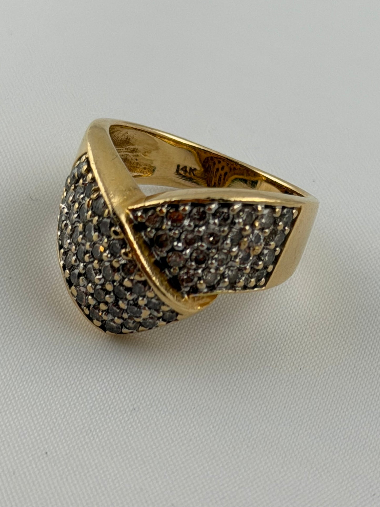 14KT Yellow Gold Bypass Design With Pave Diamon Ring