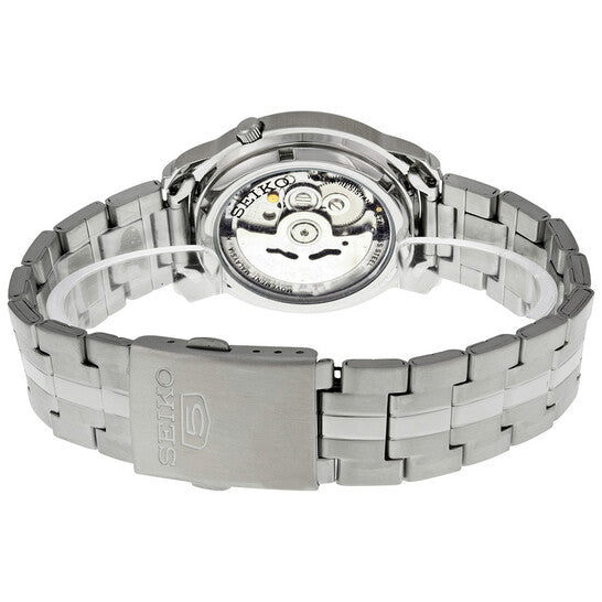 Seiko Men’s Automatic Stainless Steel Watch – Silver Dial, Transparent Case Back, Day-Date Display