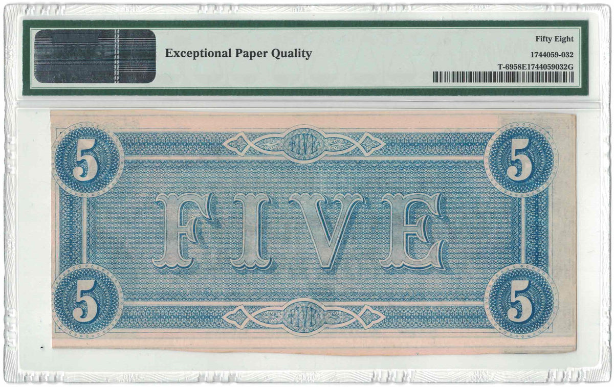 1864 $5 Confederate States of America T-69 Fr# CSA-? PMG 58 Choice AU – S/N 96994 – Civil War Note