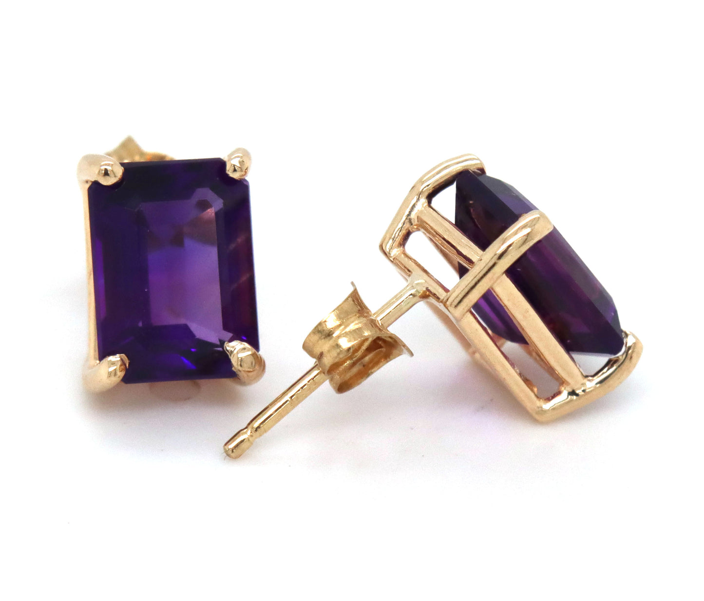 14kt Yellow gold Emerald cut amethyst stud earrings