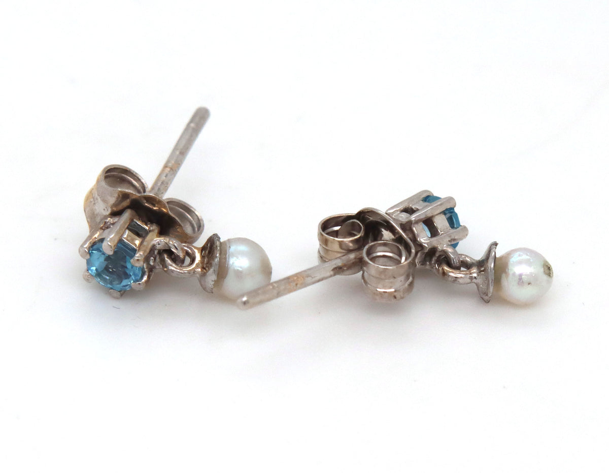 14kt White gold Pearl and blue topaz dangle earrings