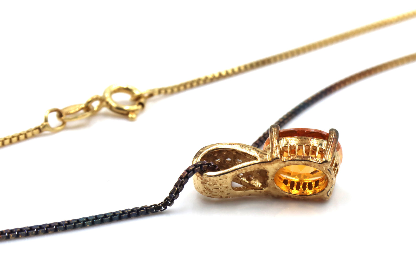 Set of 925 sterling silver orange stone pendant on Italian box chain necklace and matching ring