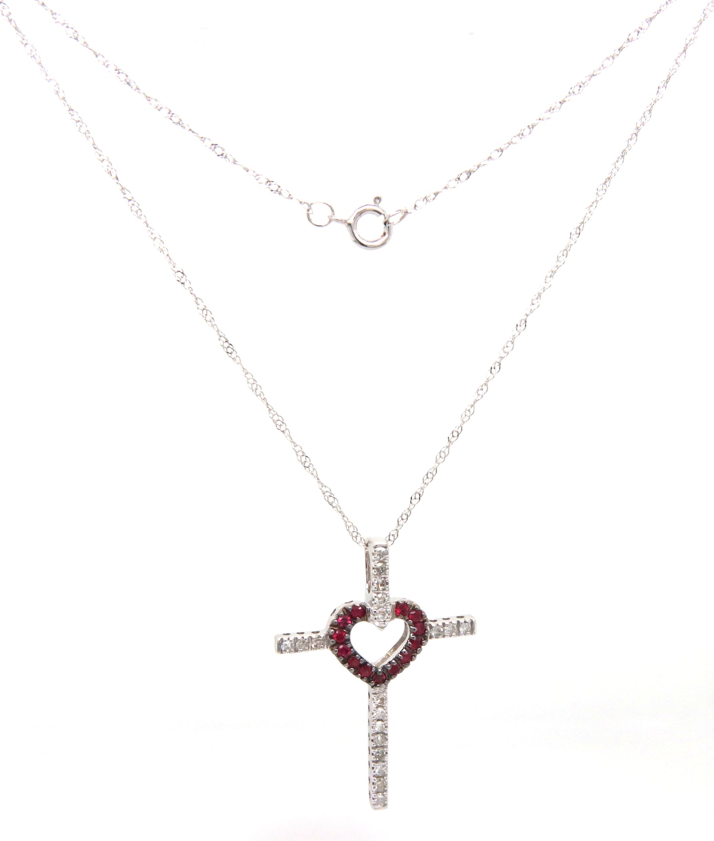 14kt White gold ruby and diamond heart cross pendant on chain