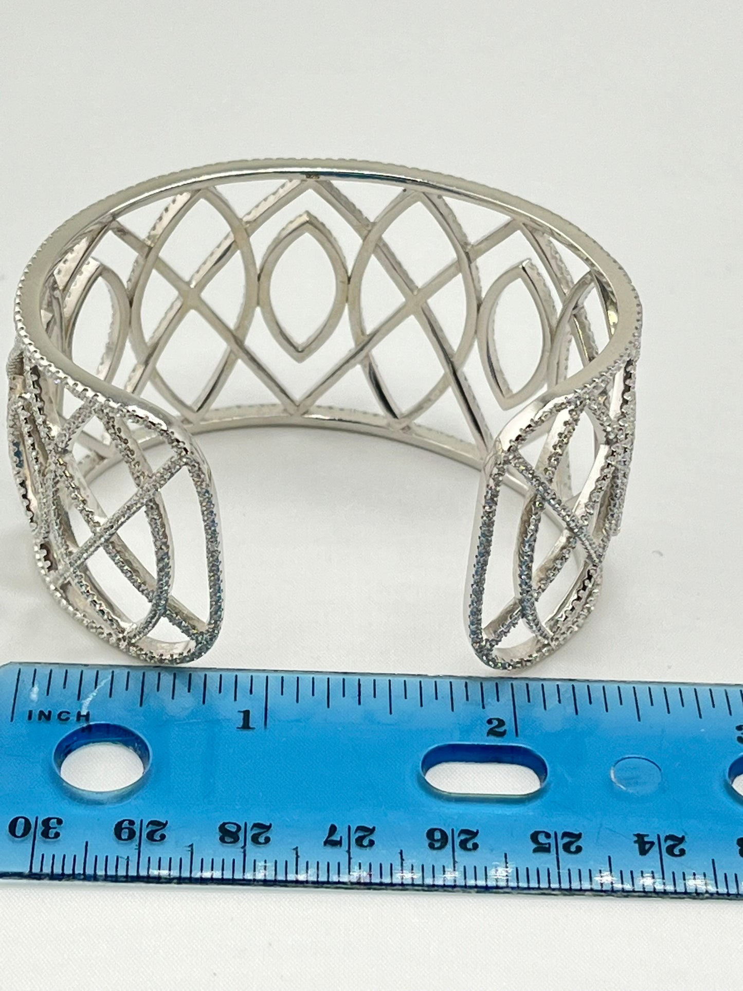 925 Sterling Silver Rhinestone Oval And Rhombus Design Wide Cuff Bracelet