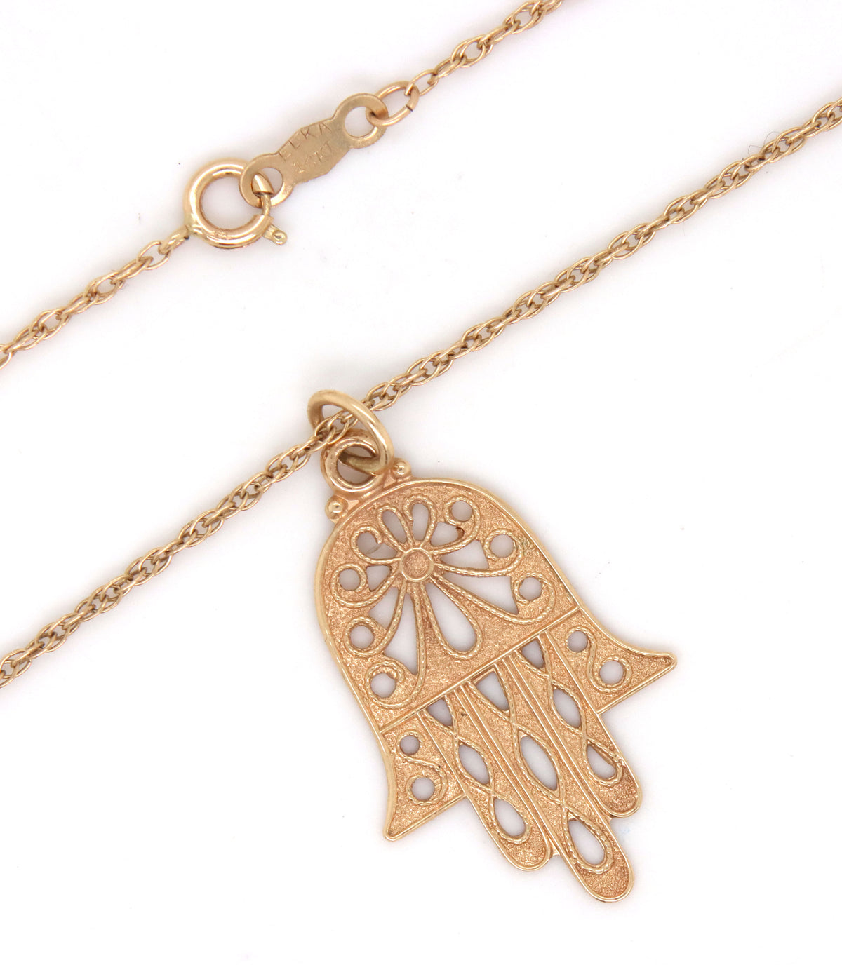 14kt Yellow gold Hamsa pendant on rope chain necklace