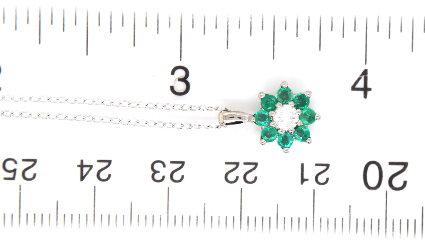 14kt White gold diamond and Emerald flower pendant on chain necklace