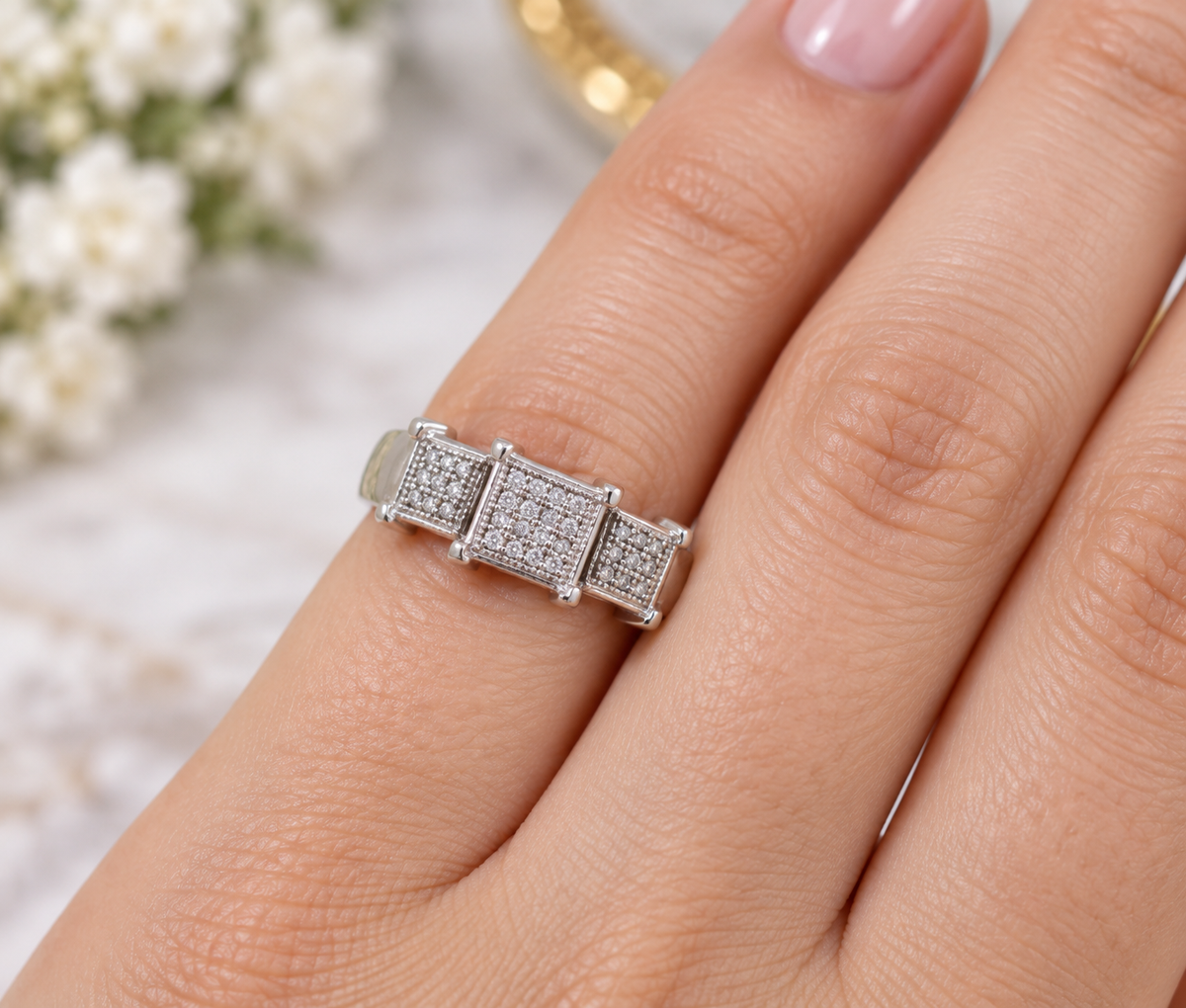 Dazzling 14KT White Gold Diamond Pave Three Setting Ring