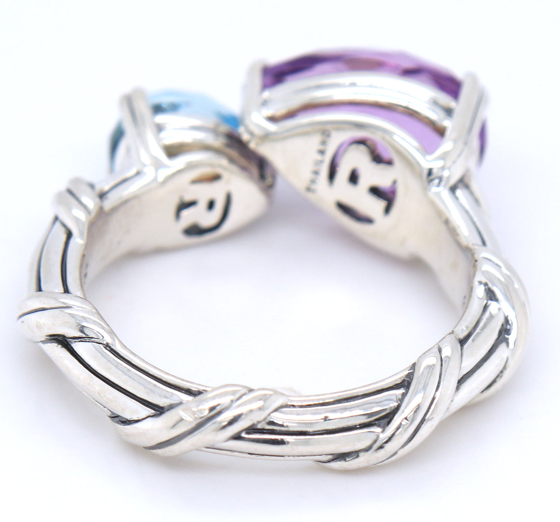 925 Sterling silver Peter Thomas Roth Fantasies pear Bypass amethyst and Blue topaz Ring