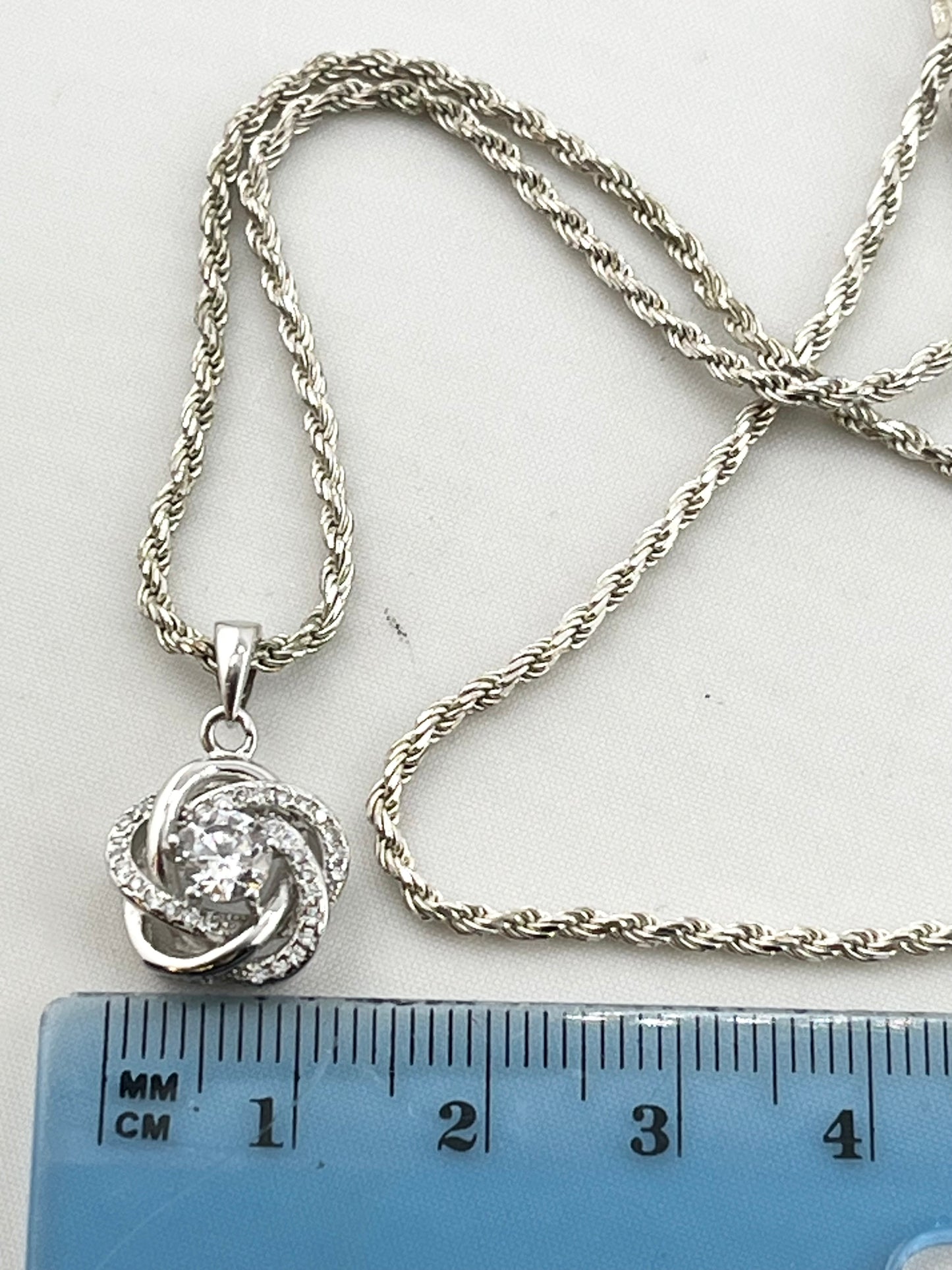 Italian 925 Sterling Silver Infinity Love Knot CZ Pendant with Rope Chain Necklace