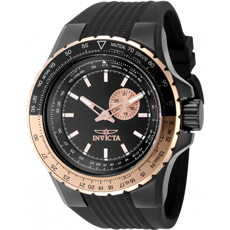 Invicta Aviator Mens Quartz Black Dial Black Silicone Strap Watch Gold Tone Accents