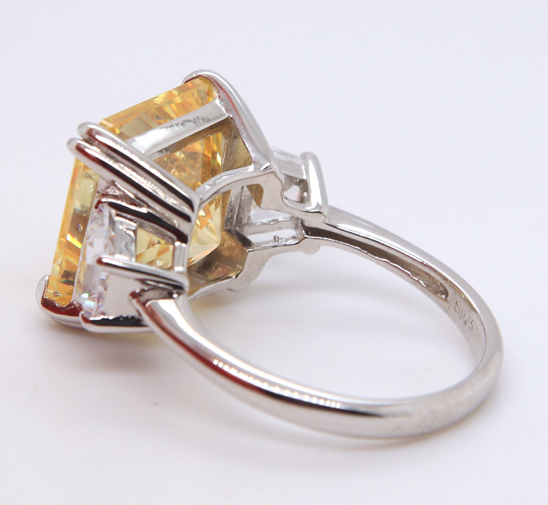 Sterling Silver Emerald Cut Yellow Cubic Zirconia Ring