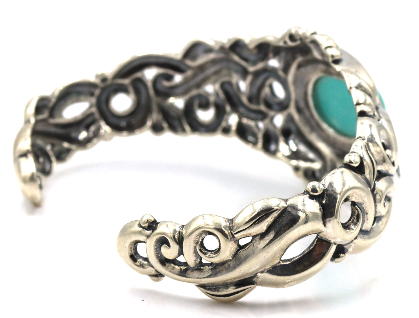 925 Sterling Silver Ornate Beatiful Filigree With Large Oval Turquoise Center Cuff Bracelet