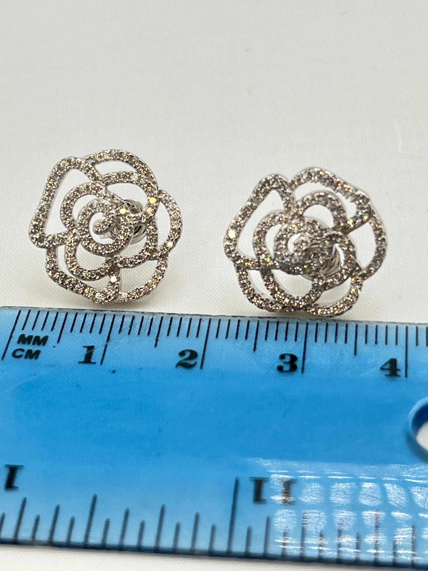 925 Sterling Silver Camelia Flower CZ Stud Earrings