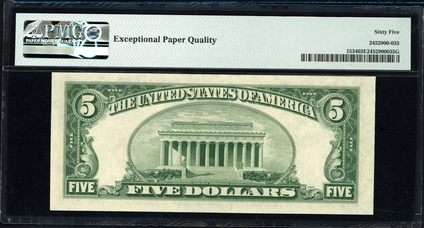 1953-B $5 Legal Tender Note, Smith–Dillon, PMG Gem Uncirculated 65 EPQ , Fr. 1534 (CA Block)