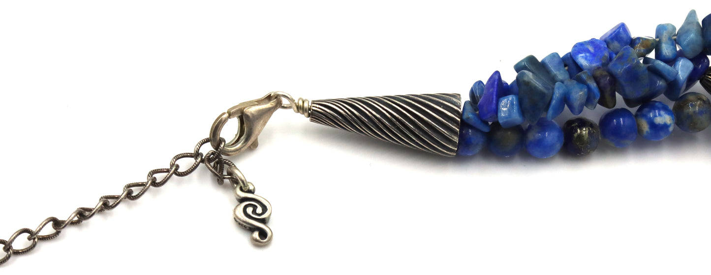 3 Row Lapis beaded necklace in sterling silver