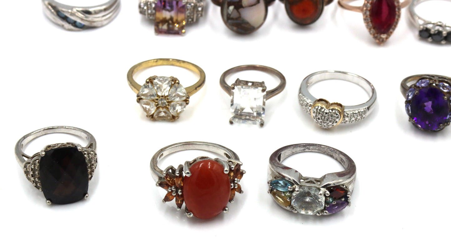Group lot of 15 vintage 925 sterling silver gemstone rings