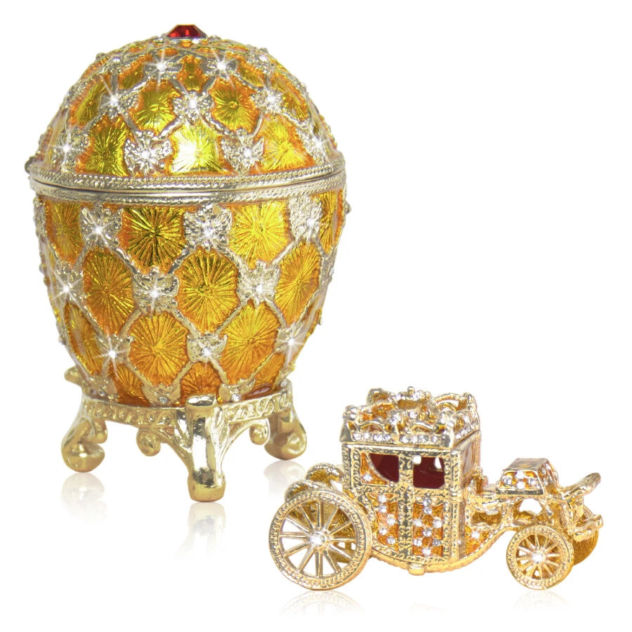 Golden Coronation Russian Easter Egg Replica Set with Carriage – Large 3.5" Decorative Collectible