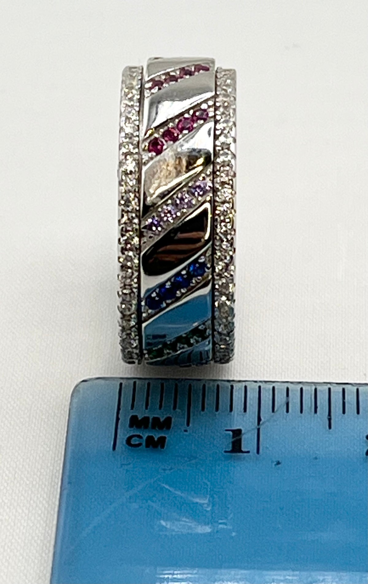 925 Sterling Silver Spinning Multi Color Stones In Rainbow Design Band