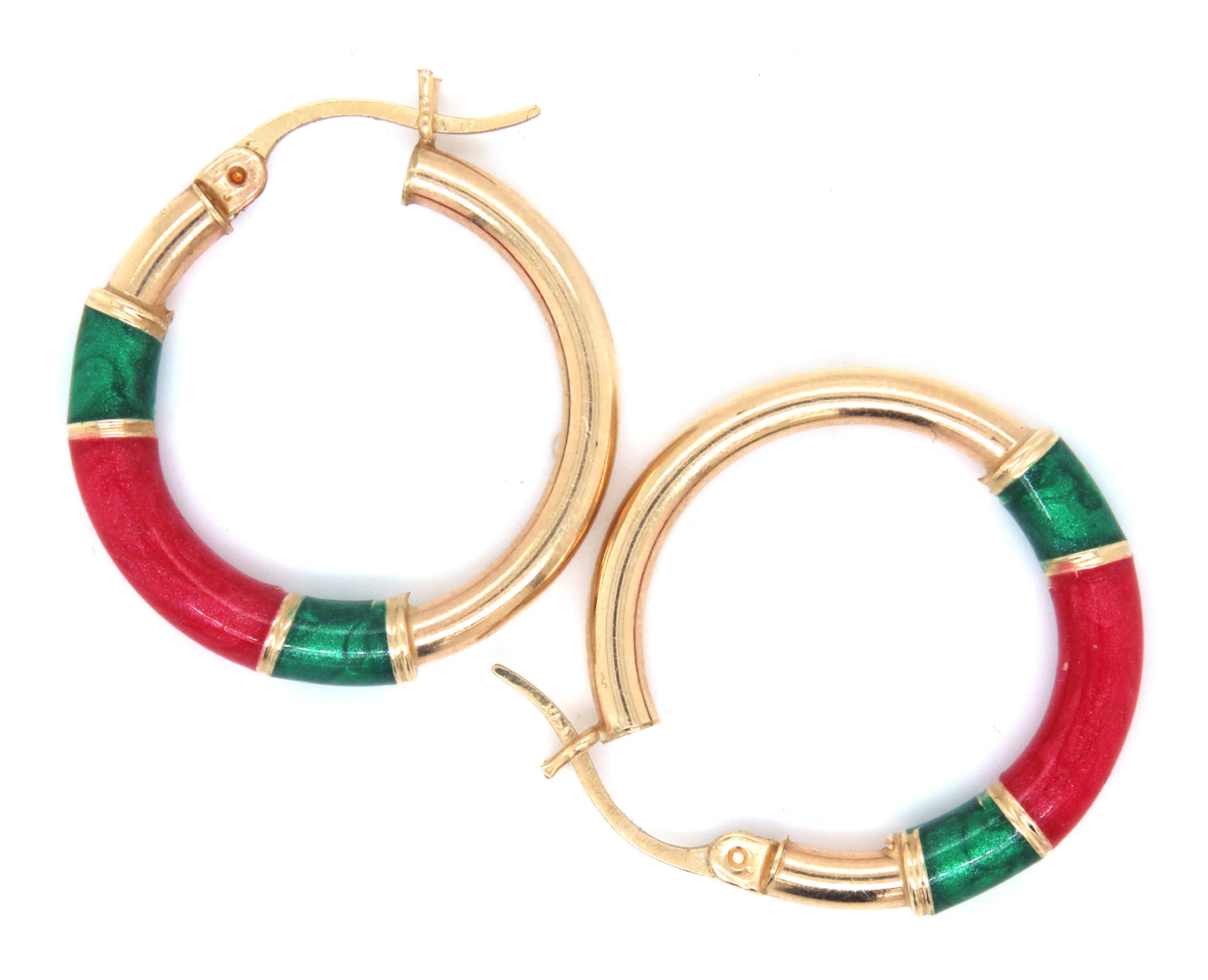 14kt Yellow gold red and green Enamel hoop earrings