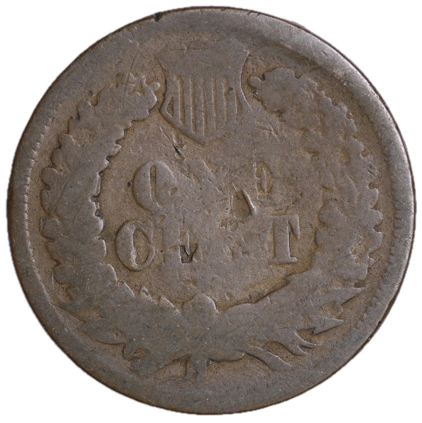 1869 Indian Head Cent AG (About Good) Full Date, Copper Penny