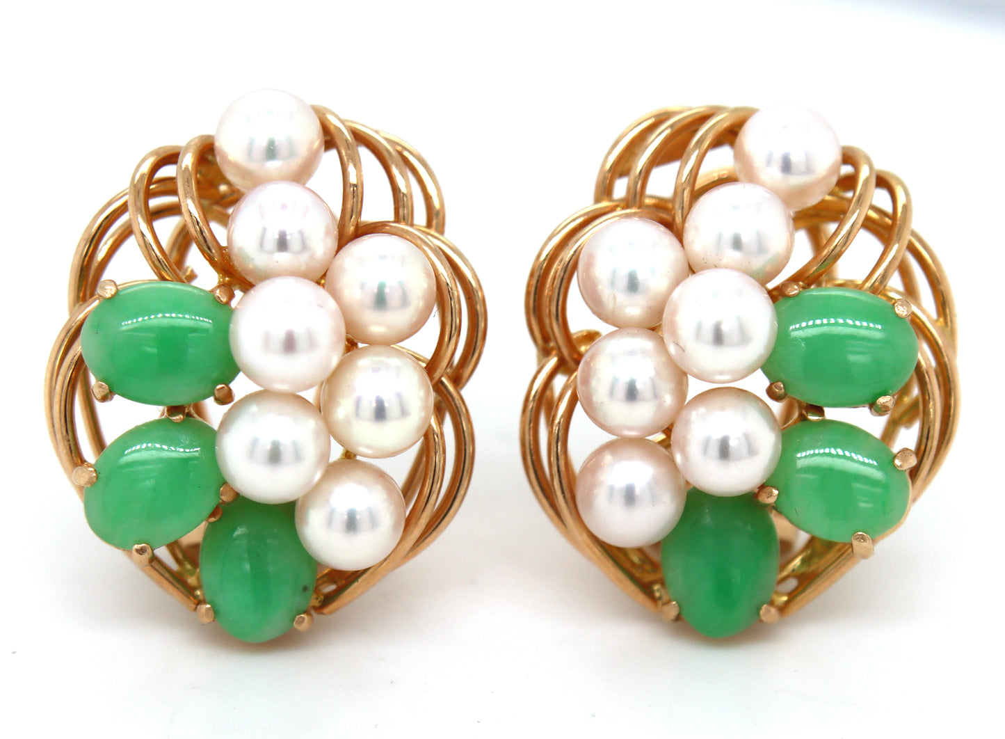 14kt Yellow gold white fresh water pearl and Jade earrings